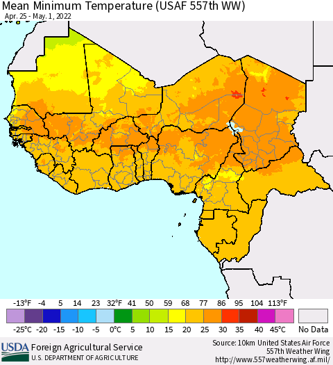 Western Africa Mean Minimum Temperature (USAF 557th WW) Thematic Map For 4/25/2022 - 5/1/2022