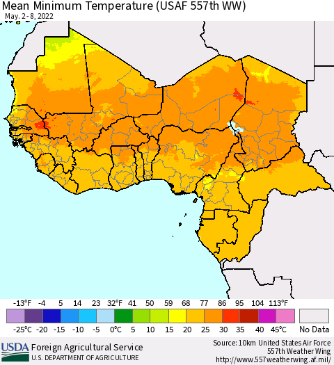 Western Africa Mean Minimum Temperature (USAF 557th WW) Thematic Map For 5/2/2022 - 5/8/2022