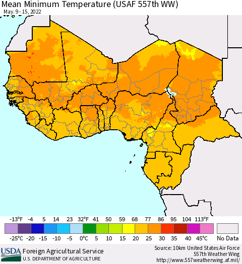 Western Africa Mean Minimum Temperature (USAF 557th WW) Thematic Map For 5/9/2022 - 5/15/2022