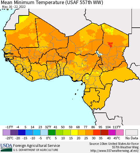 Western Africa Mean Minimum Temperature (USAF 557th WW) Thematic Map For 5/16/2022 - 5/22/2022