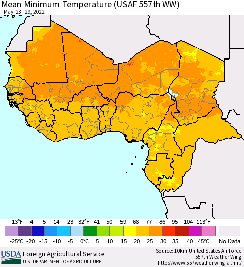 Western Africa Mean Minimum Temperature (USAF 557th WW) Thematic Map For 5/23/2022 - 5/29/2022