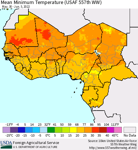 Western Africa Mean Minimum Temperature (USAF 557th WW) Thematic Map For 5/30/2022 - 6/5/2022