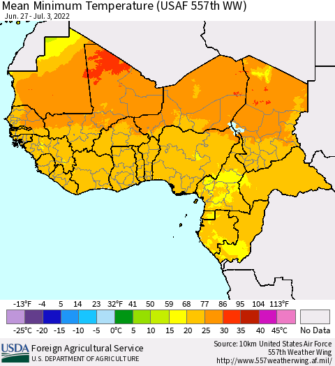 Western Africa Mean Minimum Temperature (USAF 557th WW) Thematic Map For 6/27/2022 - 7/3/2022