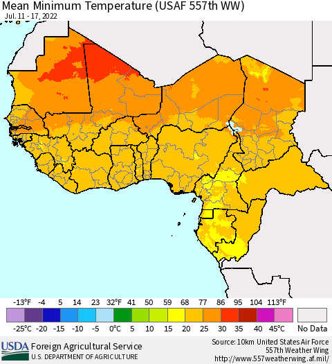 Western Africa Mean Minimum Temperature (USAF 557th WW) Thematic Map For 7/11/2022 - 7/17/2022
