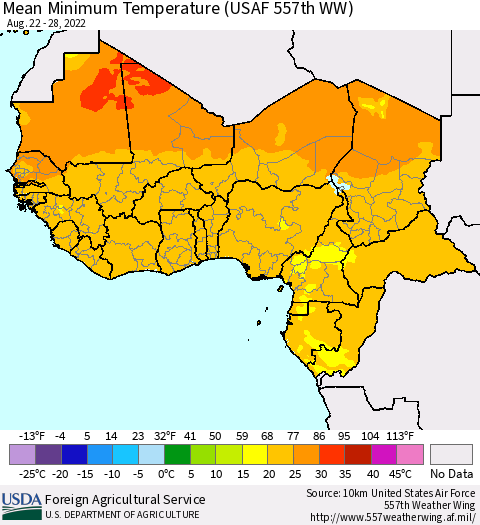 Western Africa Mean Minimum Temperature (USAF 557th WW) Thematic Map For 8/22/2022 - 8/28/2022