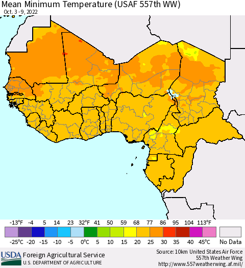 Western Africa Mean Minimum Temperature (USAF 557th WW) Thematic Map For 10/3/2022 - 10/9/2022