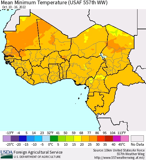 Western Africa Mean Minimum Temperature (USAF 557th WW) Thematic Map For 10/10/2022 - 10/16/2022