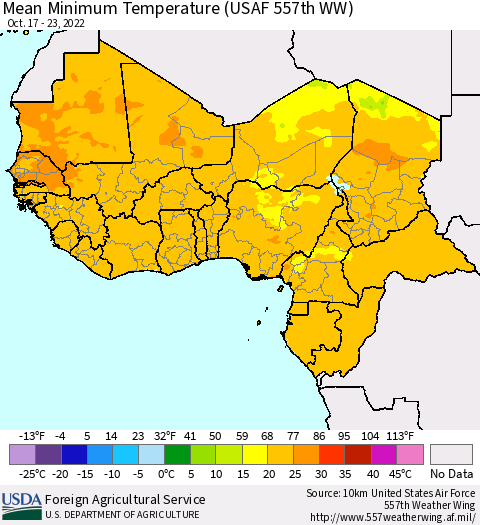 Western Africa Mean Minimum Temperature (USAF 557th WW) Thematic Map For 10/17/2022 - 10/23/2022
