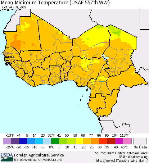 Western Africa Mean Minimum Temperature (USAF 557th WW) Thematic Map For 10/24/2022 - 10/30/2022