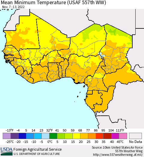Western Africa Mean Minimum Temperature (USAF 557th WW) Thematic Map For 11/7/2022 - 11/13/2022