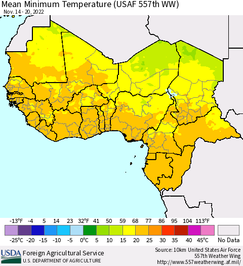 Western Africa Mean Minimum Temperature (USAF 557th WW) Thematic Map For 11/14/2022 - 11/20/2022
