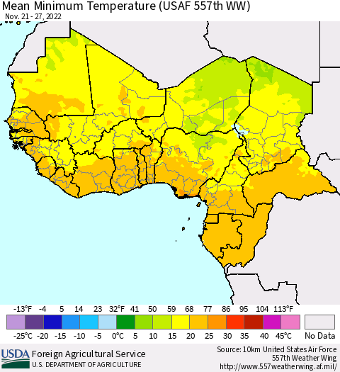 Western Africa Mean Minimum Temperature (USAF 557th WW) Thematic Map For 11/21/2022 - 11/27/2022