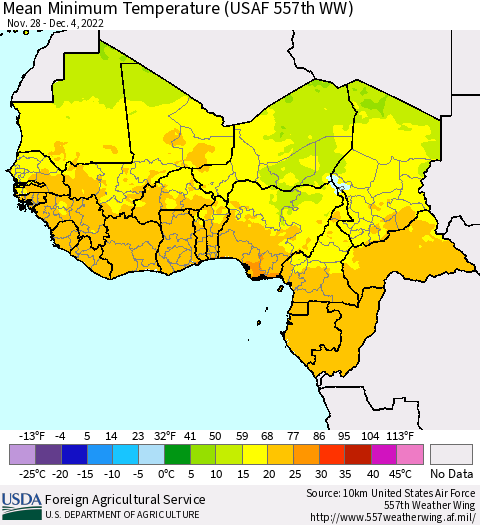 Western Africa Mean Minimum Temperature (USAF 557th WW) Thematic Map For 11/28/2022 - 12/4/2022