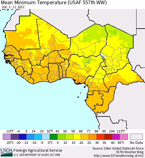 Western Africa Mean Minimum Temperature (USAF 557th WW) Thematic Map For 12/5/2022 - 12/11/2022