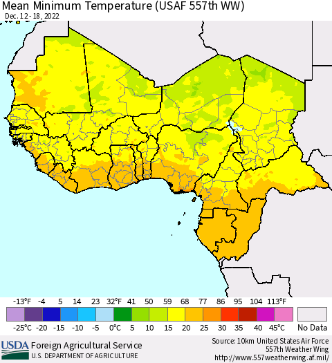 Western Africa Mean Minimum Temperature (USAF 557th WW) Thematic Map For 12/12/2022 - 12/18/2022