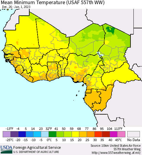 Western Africa Mean Minimum Temperature (USAF 557th WW) Thematic Map For 12/26/2022 - 1/1/2023