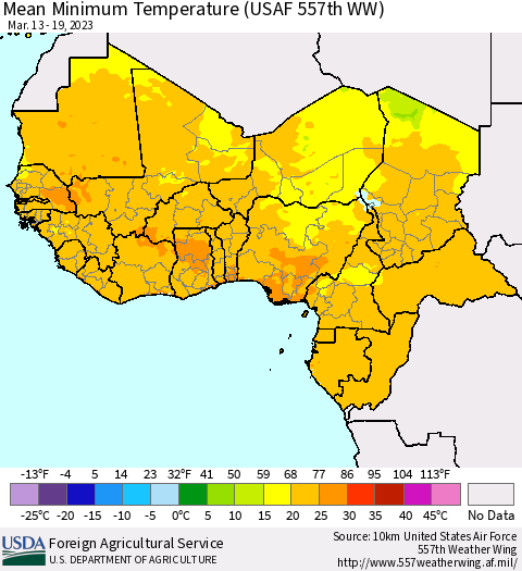 Western Africa Mean Minimum Temperature (USAF 557th WW) Thematic Map For 3/13/2023 - 3/19/2023
