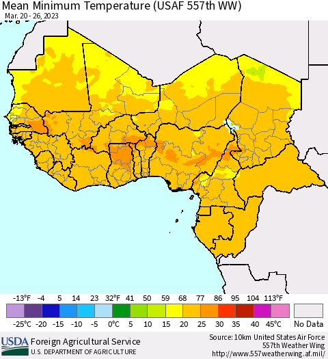 Western Africa Mean Minimum Temperature (USAF 557th WW) Thematic Map For 3/20/2023 - 3/26/2023