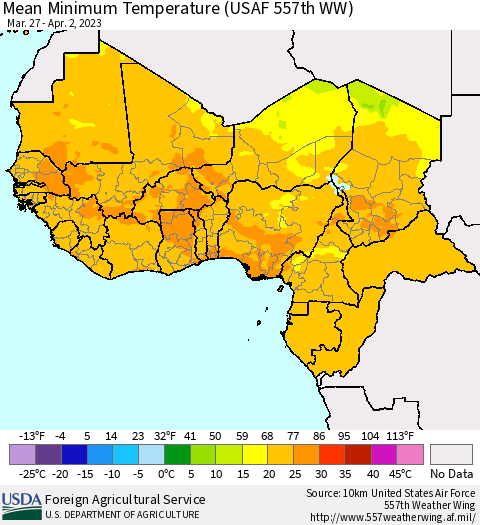 Western Africa Mean Minimum Temperature (USAF 557th WW) Thematic Map For 3/27/2023 - 4/2/2023