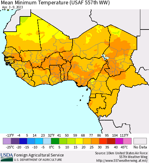 Western Africa Mean Minimum Temperature (USAF 557th WW) Thematic Map For 4/3/2023 - 4/9/2023