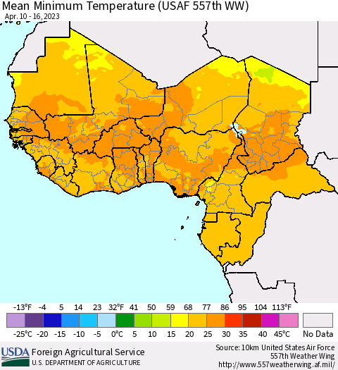 Western Africa Mean Minimum Temperature (USAF 557th WW) Thematic Map For 4/10/2023 - 4/16/2023