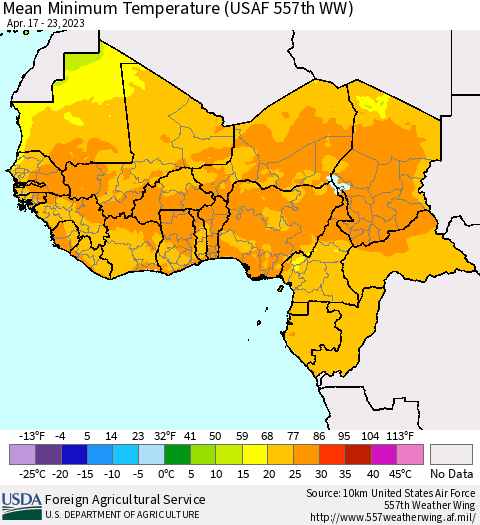 Western Africa Mean Minimum Temperature (USAF 557th WW) Thematic Map For 4/17/2023 - 4/23/2023