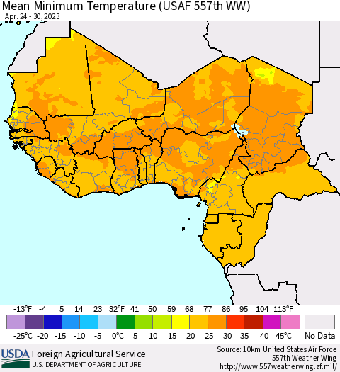 Western Africa Mean Minimum Temperature (USAF 557th WW) Thematic Map For 4/24/2023 - 4/30/2023