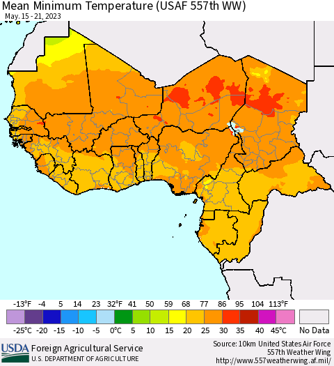 Western Africa Mean Minimum Temperature (USAF 557th WW) Thematic Map For 5/15/2023 - 5/21/2023
