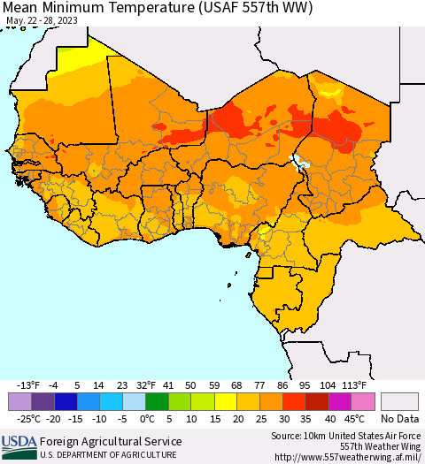 Western Africa Mean Minimum Temperature (USAF 557th WW) Thematic Map For 5/22/2023 - 5/28/2023