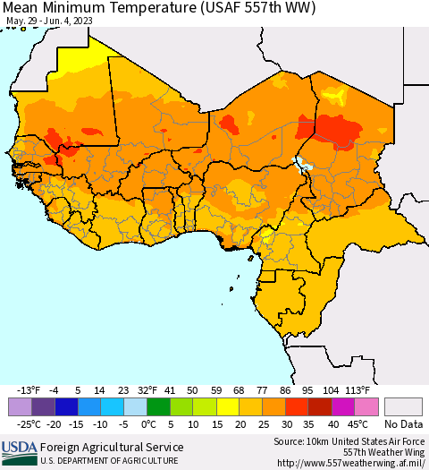 Western Africa Mean Minimum Temperature (USAF 557th WW) Thematic Map For 5/29/2023 - 6/4/2023
