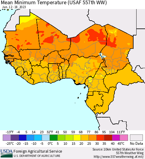 Western Africa Mean Minimum Temperature (USAF 557th WW) Thematic Map For 6/12/2023 - 6/18/2023