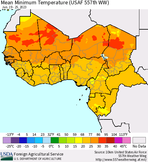 Western Africa Mean Minimum Temperature (USAF 557th WW) Thematic Map For 6/19/2023 - 6/25/2023