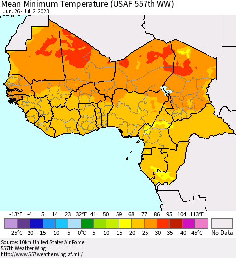 Western Africa Mean Minimum Temperature (USAF 557th WW) Thematic Map For 6/26/2023 - 7/2/2023