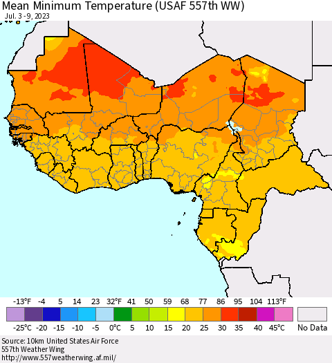 Western Africa Mean Minimum Temperature (USAF 557th WW) Thematic Map For 7/3/2023 - 7/9/2023
