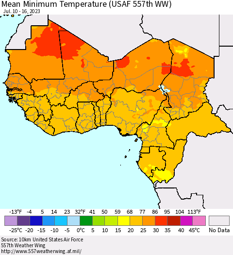 Western Africa Mean Minimum Temperature (USAF 557th WW) Thematic Map For 7/10/2023 - 7/16/2023