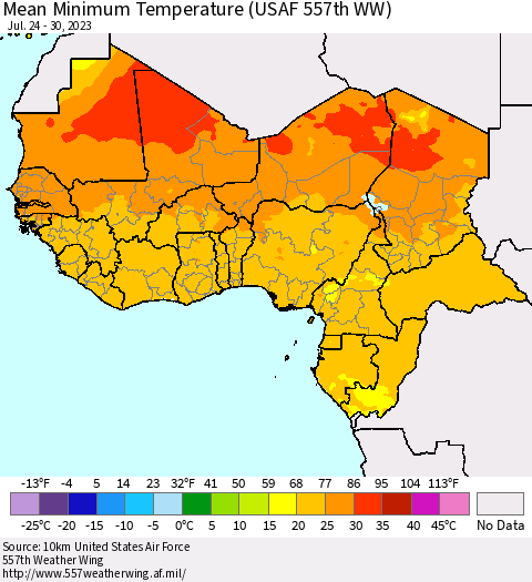 Western Africa Mean Minimum Temperature (USAF 557th WW) Thematic Map For 7/24/2023 - 7/30/2023
