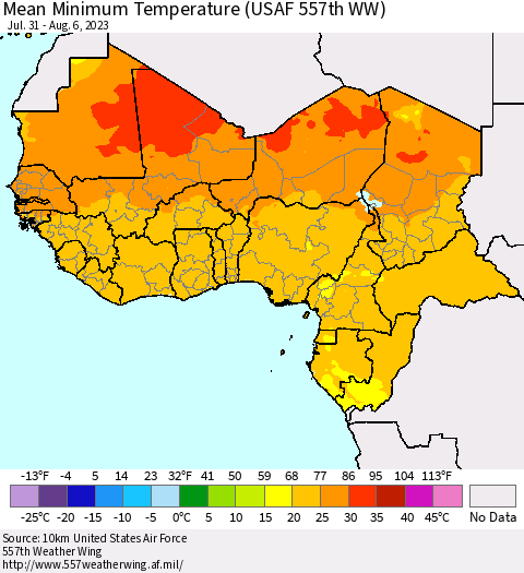 Western Africa Mean Minimum Temperature (USAF 557th WW) Thematic Map For 7/31/2023 - 8/6/2023