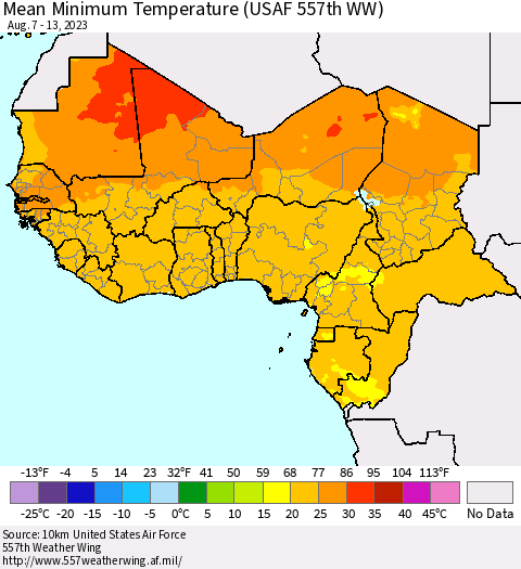 Western Africa Mean Minimum Temperature (USAF 557th WW) Thematic Map For 8/7/2023 - 8/13/2023