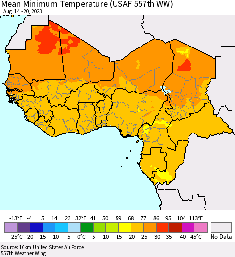 Western Africa Mean Minimum Temperature (USAF 557th WW) Thematic Map For 8/14/2023 - 8/20/2023