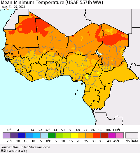 Western Africa Mean Minimum Temperature (USAF 557th WW) Thematic Map For 8/21/2023 - 8/27/2023