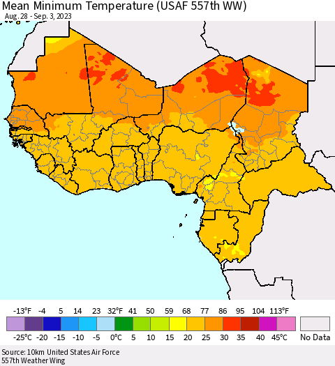 Western Africa Mean Minimum Temperature (USAF 557th WW) Thematic Map For 8/28/2023 - 9/3/2023