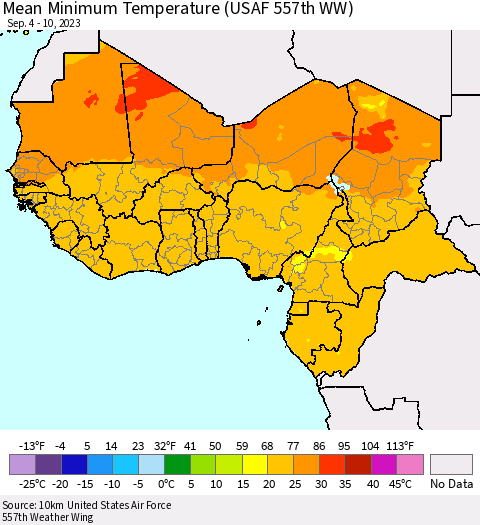 Western Africa Mean Minimum Temperature (USAF 557th WW) Thematic Map For 9/4/2023 - 9/10/2023