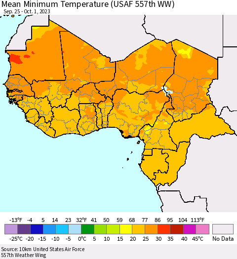 Western Africa Mean Minimum Temperature (USAF 557th WW) Thematic Map For 9/25/2023 - 10/1/2023