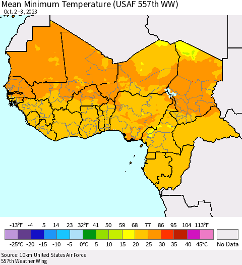 Western Africa Mean Minimum Temperature (USAF 557th WW) Thematic Map For 10/2/2023 - 10/8/2023