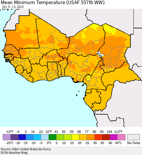 Western Africa Mean Minimum Temperature (USAF 557th WW) Thematic Map For 10/9/2023 - 10/15/2023
