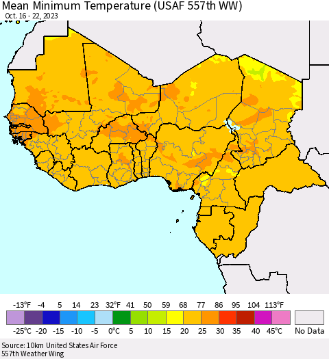 Western Africa Mean Minimum Temperature (USAF 557th WW) Thematic Map For 10/16/2023 - 10/22/2023