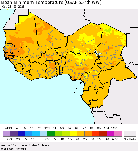 Western Africa Mean Minimum Temperature (USAF 557th WW) Thematic Map For 10/23/2023 - 10/29/2023