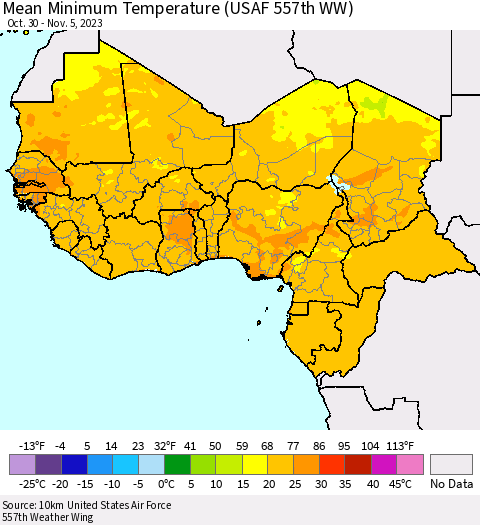 Western Africa Mean Minimum Temperature (USAF 557th WW) Thematic Map For 10/30/2023 - 11/5/2023
