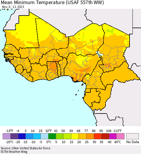 Western Africa Mean Minimum Temperature (USAF 557th WW) Thematic Map For 11/6/2023 - 11/12/2023