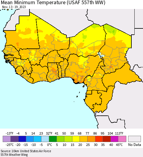 Western Africa Mean Minimum Temperature (USAF 557th WW) Thematic Map For 11/13/2023 - 11/19/2023
